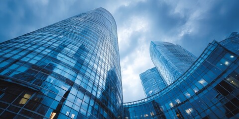 upward view of futuristic skyscrapers with reflective glass and angular designs under cloudy blue sky in dramatic urban composition with modern architectural style