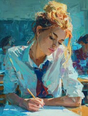 student with tied-up hair in white shirt and loose tie writing at desk in expressive classroom setting with vibrant brushstrokes and dynamic impressionistic composition