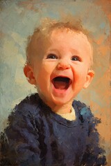 smiling child in blue shirt painted with expressive brushstrokes against soft pastel background in warm and joyful portrait composition
