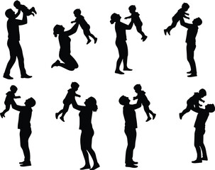 Silhouettes of adults lifting children, playful parenting moments, joyful interaction, emotional bond, caregiving gesture, family connection, love, support, joy