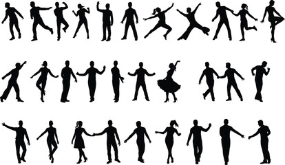 Silhouettes of dancers and couples, expressive dance poses, ballroom, Latin, jazz, swing, movement, rhythm, choreography, performance, interaction
