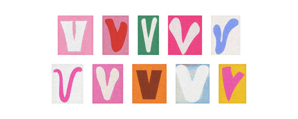 Colorful letter V collage from magazine clippings, isolated PNG
