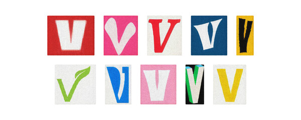 Colorful letter V collage from magazine clippings, isolated PNG
