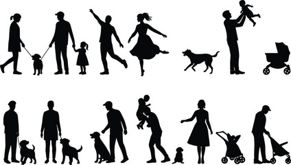Silhouettes of family life scenes, adults and children, walking dogs, parenting moments, joyful interaction, caregiving roles, bonding, lifestyle concept
