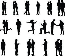 Silhouettes of human interaction poses, expressive gestures, hugging, walking, jumping, running, emotional connection, body language, relationship, movement