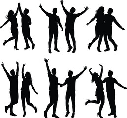 Silhouettes of joyful people in pairs, celebrating together, dancing poses, expressive gestures, human connection, happiness concept, social interaction, unity