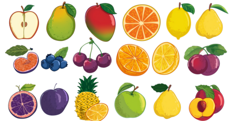 a set of colorful cartoon fruits clip art, featuring an apple cut in half with green leaves on top and the pit inside, mangoes with red rind and yellow skin, oranges, blueberries, pineapples, lemons, 
