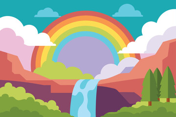 Obraz premium Anime Waterfall Landscape with Rainbow Background