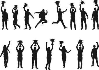 Victory celebration silhouette, trophy pose, jumping figures, achievement moment, sports success, emotional gesture, vector illustration, award ceremony, winner concept