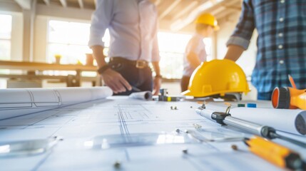 Engineers and Project Managers Collaborating Over Blueprints in Construction Workspace with Tools and Hard Hats