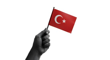 Hand Holding Turkish Flag on White Background