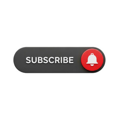 Sleek dark grey 'Subscribe' button with "SUBSCRIBE" text and red notification bell icon at 45-degree angle, on clean transparent background. Modern UI/UX design concept