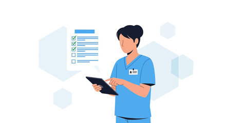 Healthcare professional using tablet to update patient records and medical checklist