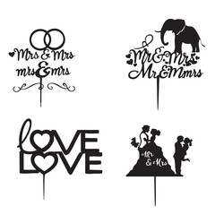 Romantic Cake Topper Set Vector — Black Silhouette Designs with Couples, Rings, Hearts, and Inclusive “Mr & Mrs” Variations