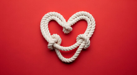 Intricately tied white rope forms a perfect heart shape symbolizing strong, unbreakable bonds and lasting love on a vibrant red background.