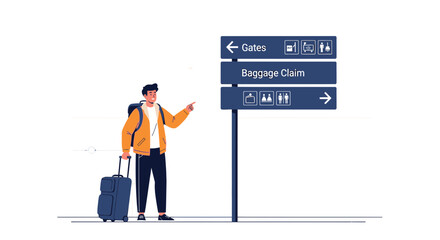 Illustration of a traveler with luggage at an airport following directions signboards for