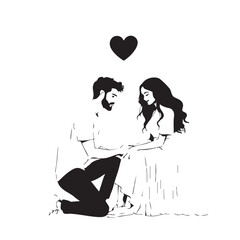 Romantic Couple Vector — Black and White Illustration of Kneeling Man and Seated Woman Holding Hands with Heart Symbol Above
