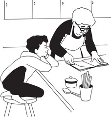 grandmother cooking soup line vector minimalistic art illustration. Vector illustration