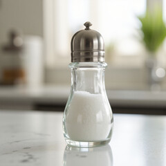 a glass salt shaker, clear, transparent, sprinkled with sea salt, on a kitchen counter, side view, natural daylight, 8 k, gentle bokeh
