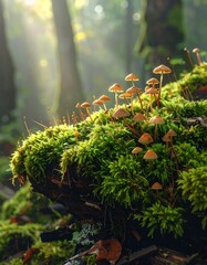 Forest Mushrooms and Moss on Log.
