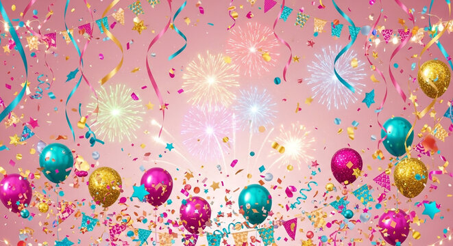 Celebrate with vibrant balloons, confetti, and dazzling fireworks against a cheerful pink backdrop for festive promotions and events this season