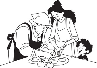 grandmother cooking with grandchildren line vector minimalistic art. Vector illustration