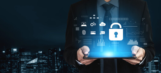 Digital cyber security lock system highlighting data security encryption, cyber password...