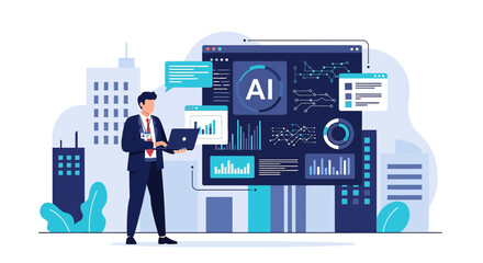 Man analyzing AI data on laptop with city background vector illustration design