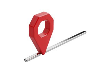 Vibrant scarlet-red geometric 3D map marker pin with a matte finish and a sleek, reflective chrome line beside it, isolated on a seamless transparent background, precision product design concept