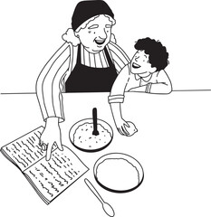 granny on the kitchen cooking with grandson line vector minimalistic illustration. Vector illustration