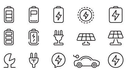Eco-friendly power and energy outline icons with electric car, solar panel, charging battery, lightning bolt, and electricity supply symbols