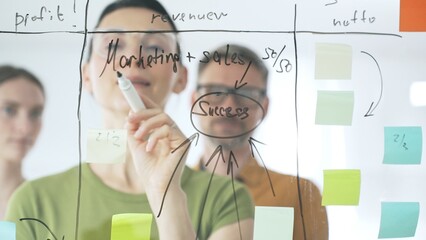 Professional team brainstorming, sharing strategy on glass whiteboard with colorful sticky notes, working collaboratively in bright office space