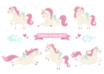 Set of unicorns. Fairytale illustrations. Collection of images of unicorns in different poses.