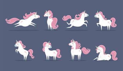 Set of cute magical unicorns. Fairytale illustrations. Collection of images of unicorns in different poses on dark background. Little princess theme. Vector hand drawn illustration. Kids theme.