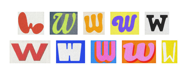 Vintage and modern letter W tiles collage on clear transparent PNG
