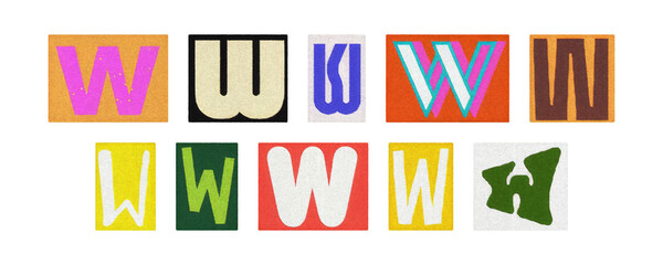 Vintage and modern letter W tiles collage on clear transparent PNG
