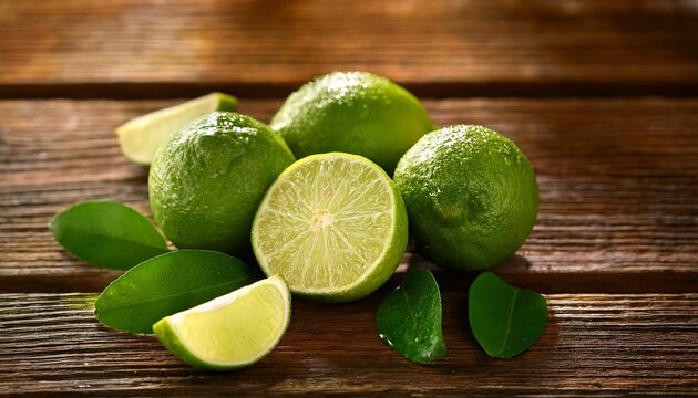 Fresh Limes On Wooden Surface - Powered by Adobe