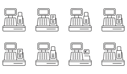 Point of sale and retail checkout icon pack with cash register devices, transaction equipment, and commerce tools in linear illustration