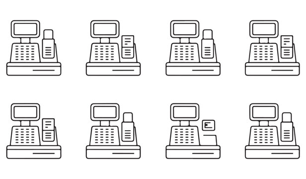 Point of sale and retail checkout icon pack with cash register devices, transaction equipment, and commerce tools in linear illustration