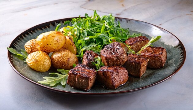 Grilled Meat Cubes With Roasted Potatoes And Arugula Salad