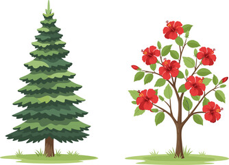 Beautiful green pine tree illustration, vibrant hibiscus flower tree vector, nature plant artwork, botanical 