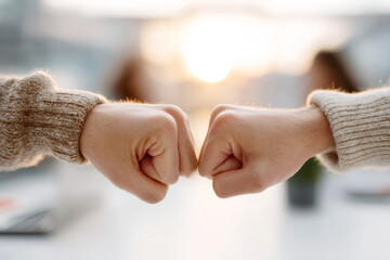 Two hands perform fist bump celebrating team success, shared success moment in office, symbolizing joint success, capturing professional success