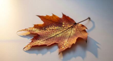 Stunning autumn leaf adorned with shimmering gold glitter, casting a magical glow on a clean, bright surface, perfect for festive holiday designs.