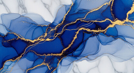 Ethereal blue and gold abstract fluid art design with luxurious marble texture creating a sophisticated and dynamic visual