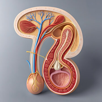 High-Detail 3D Cutaway Illustration of the Male Genitourinary and Reproductive Organ Anatomy Stylized Cross-Sectional View of the Testis, Epididymis, and Spermatic Cord Vasculature