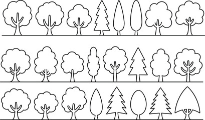 Outlined Cartoon Tree Illustrations in Three Rows Showing Diverse Shapes and Foliage Styles for Botanical, Educational, and Vector Design Use
