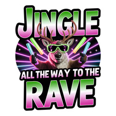 Jingle All the Way to the Rave cartoon reindeer with sunglasses and neon lights in festive party scene
