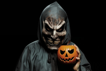 sinister hooded figure in a creepy monster mask holding a glowing jack-o'-lantern, a terrifying portrait on a black background for halloween and horror themes. Helloween 