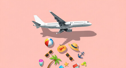 Dreaming of escape? Jet off on an unforgettable adventure with essential travel gear scattered below a soaring airplane, promising sunny beach holidays and exciting journeys.