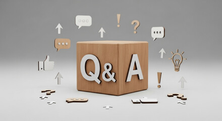 Engaging Q&A concept with icons like lightbulb, thumbs up, speech bubbles, and question marks symbolizing ideas and communication.